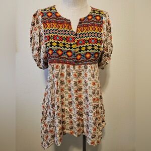 Umgee Sz M Tunic Top with Colorful Floral and Southwestern Patterns